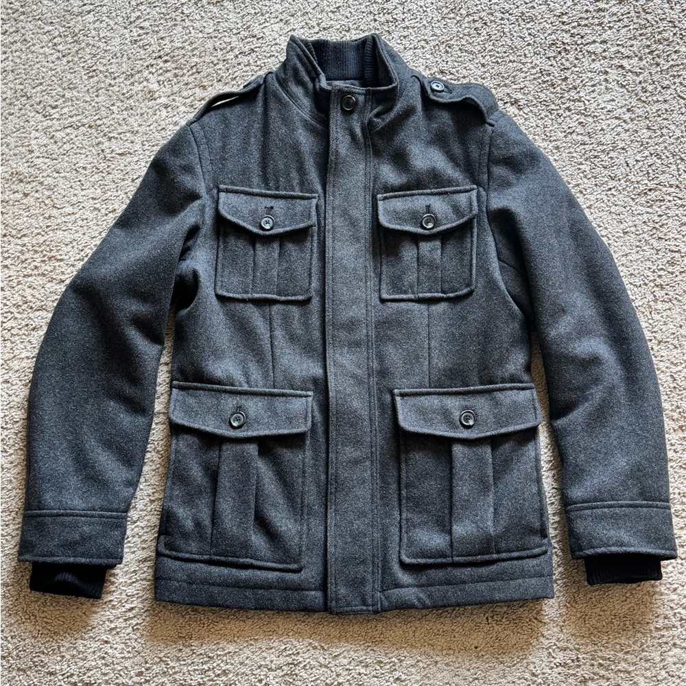 Merona Peacoat Mens Small Military Heavy Wool Blend Gray Full Zip Snap Button